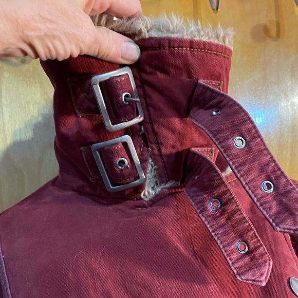 FINAL PRICE, EUC Free People sherpa lined OWEN red canvas moto jacket/coat XS - Picture 6 of 8
